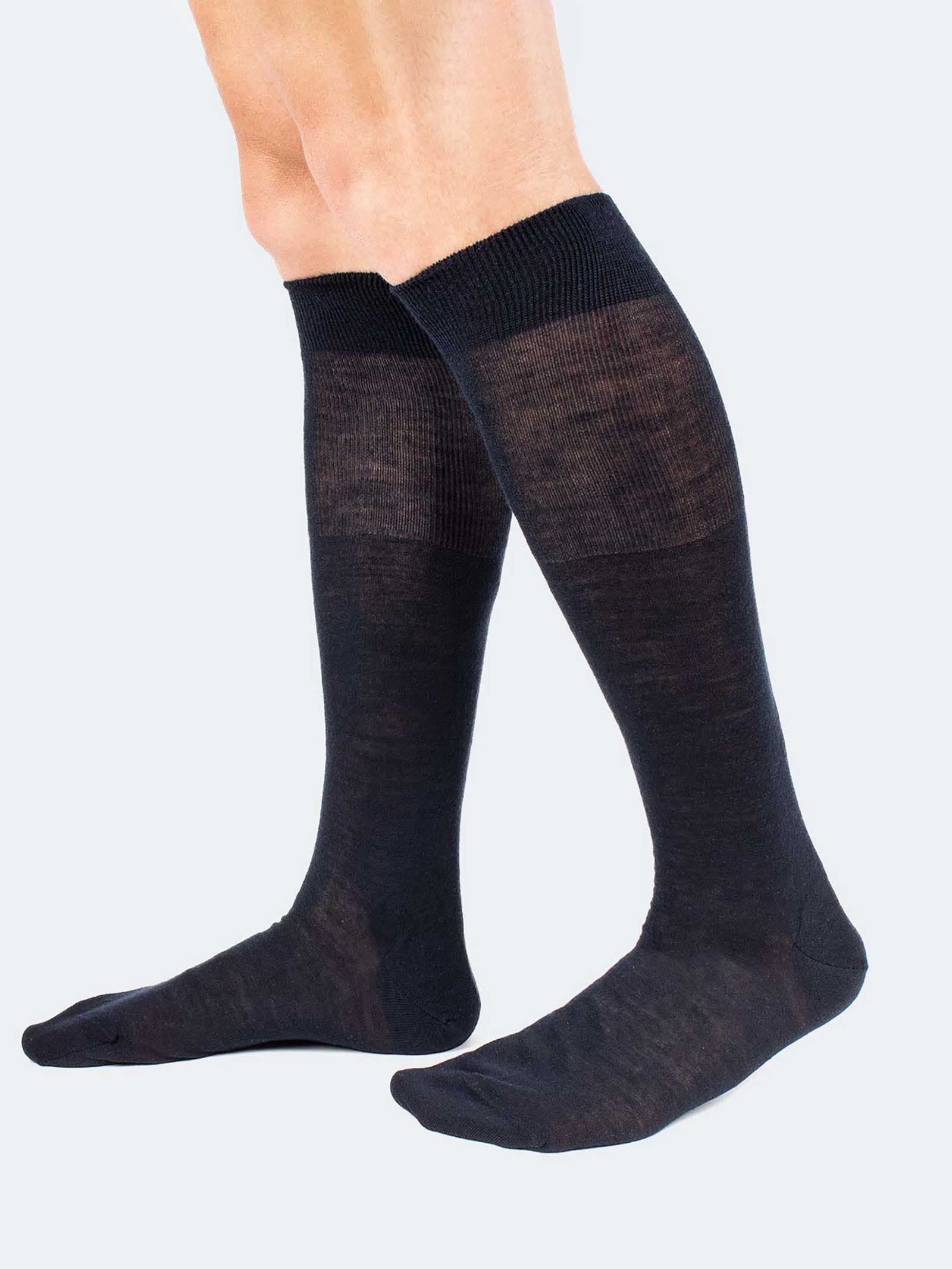 Calza lunga in lana e seta color blu navy