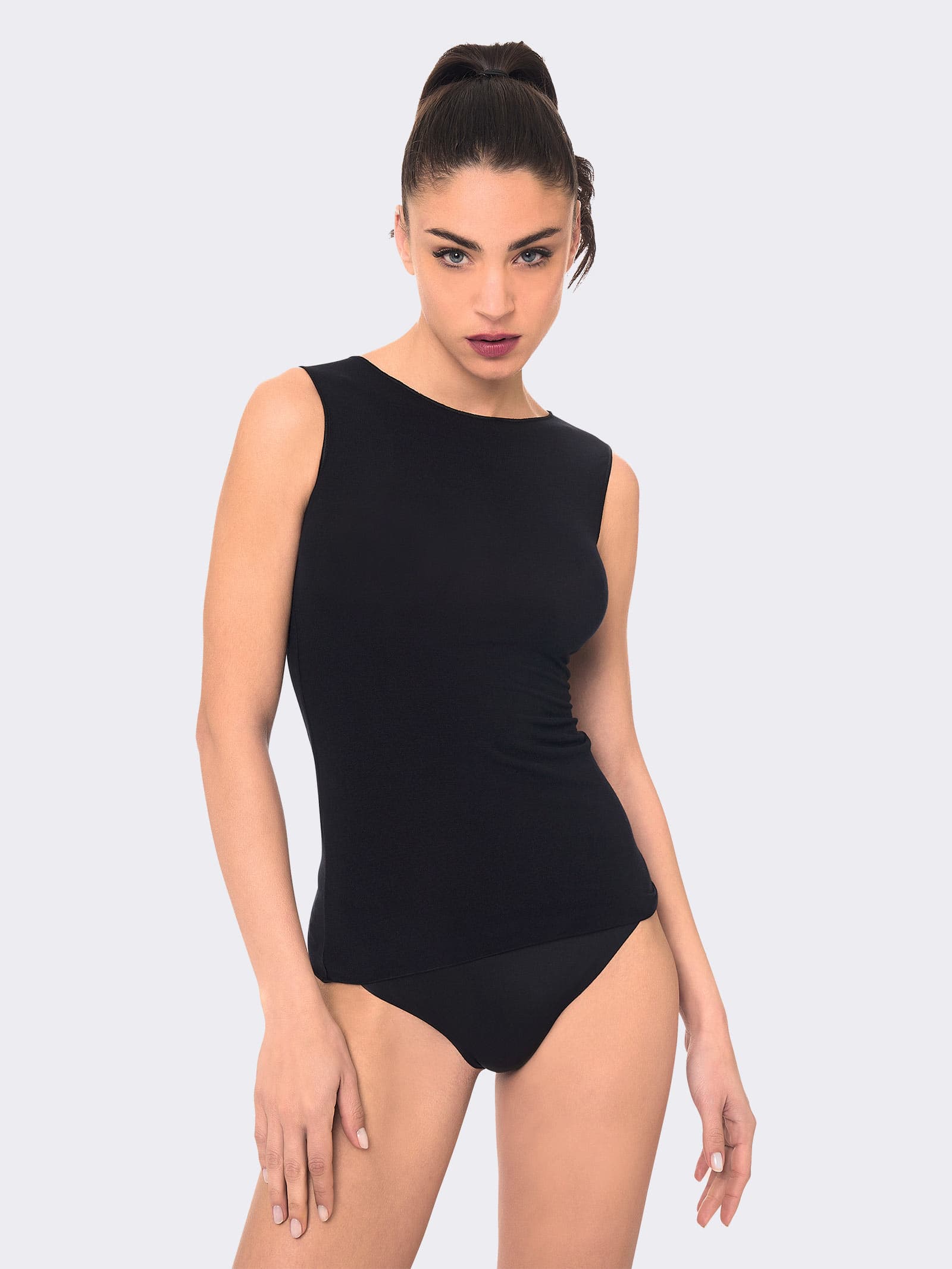 Maglia intima donna girocollo senza maniche in cashmere e modal, colore nero
