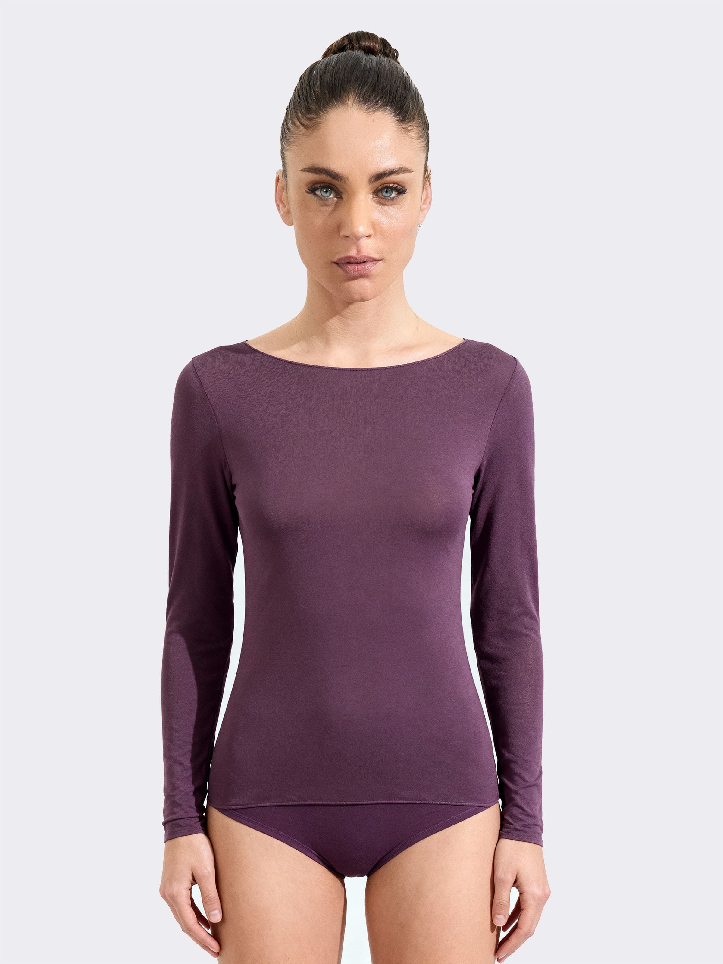 Maglia intima donna manica lunga collo barchetta in cashmere e modal, colore bordeaux