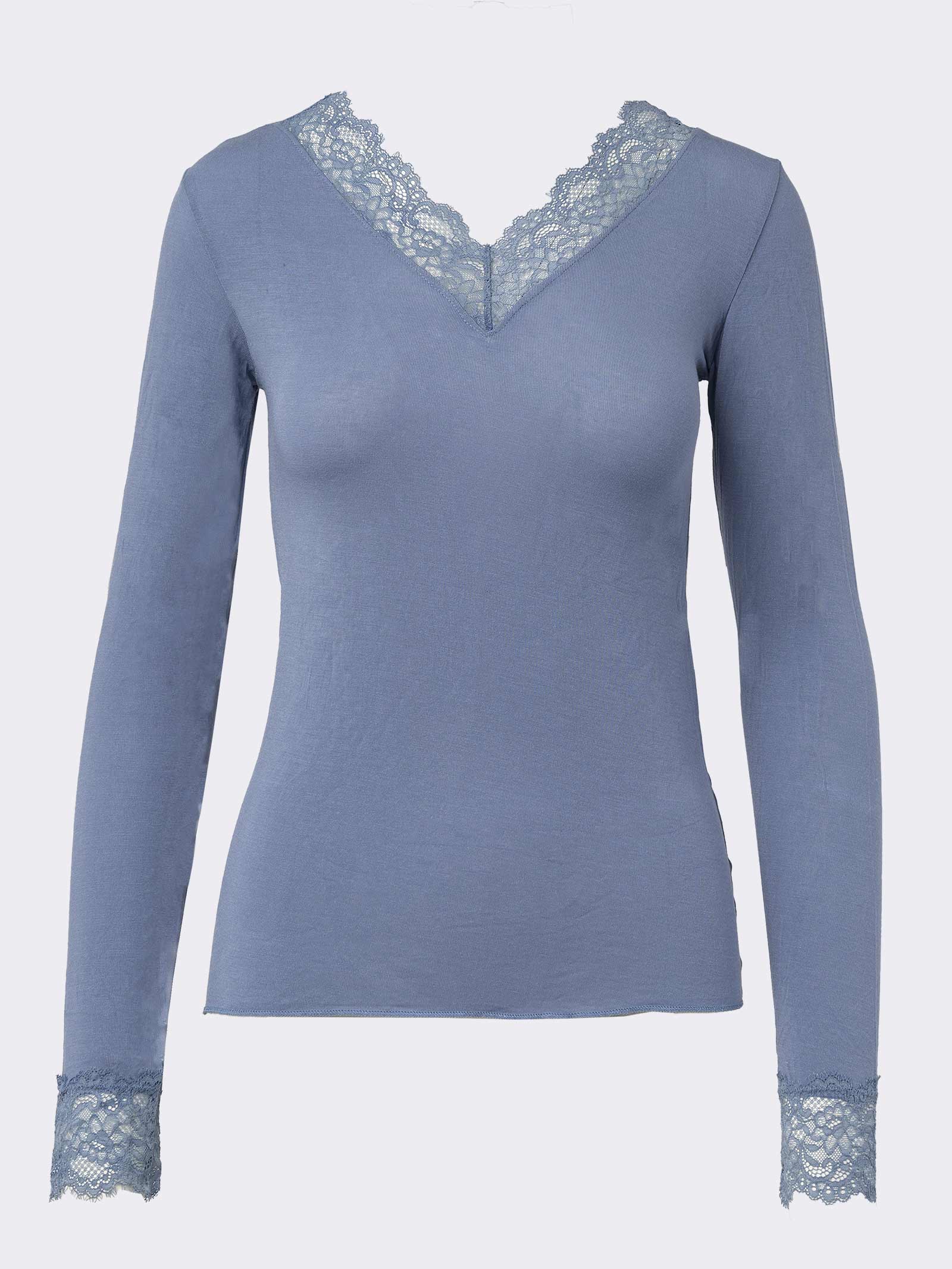 Maglia donna azzurro polvere con pizzo su scollo e polsini