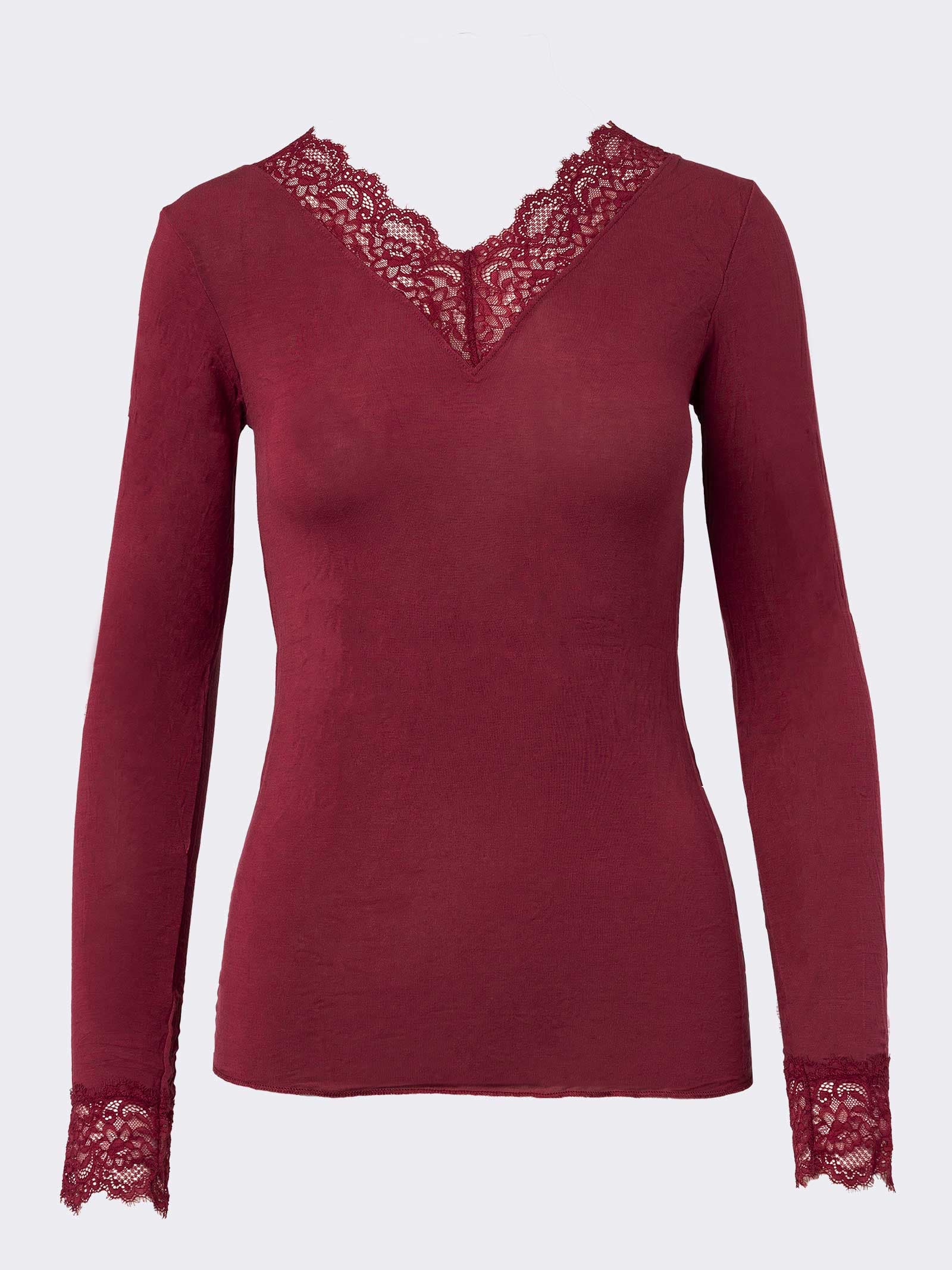 Maglia donna bordeaux con pizzo su scollo e polsini