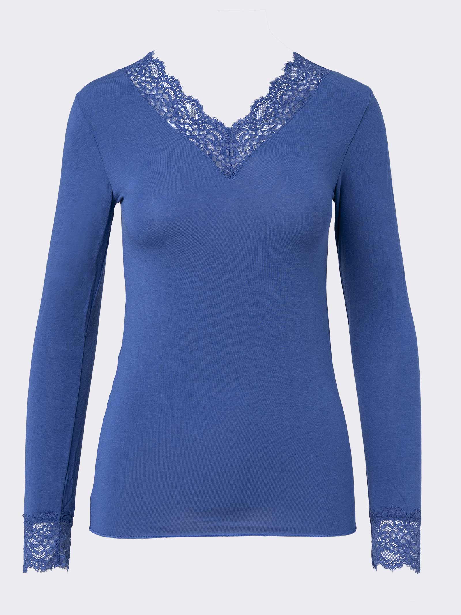Maglia donna blu con pizzo su scollo e polsini