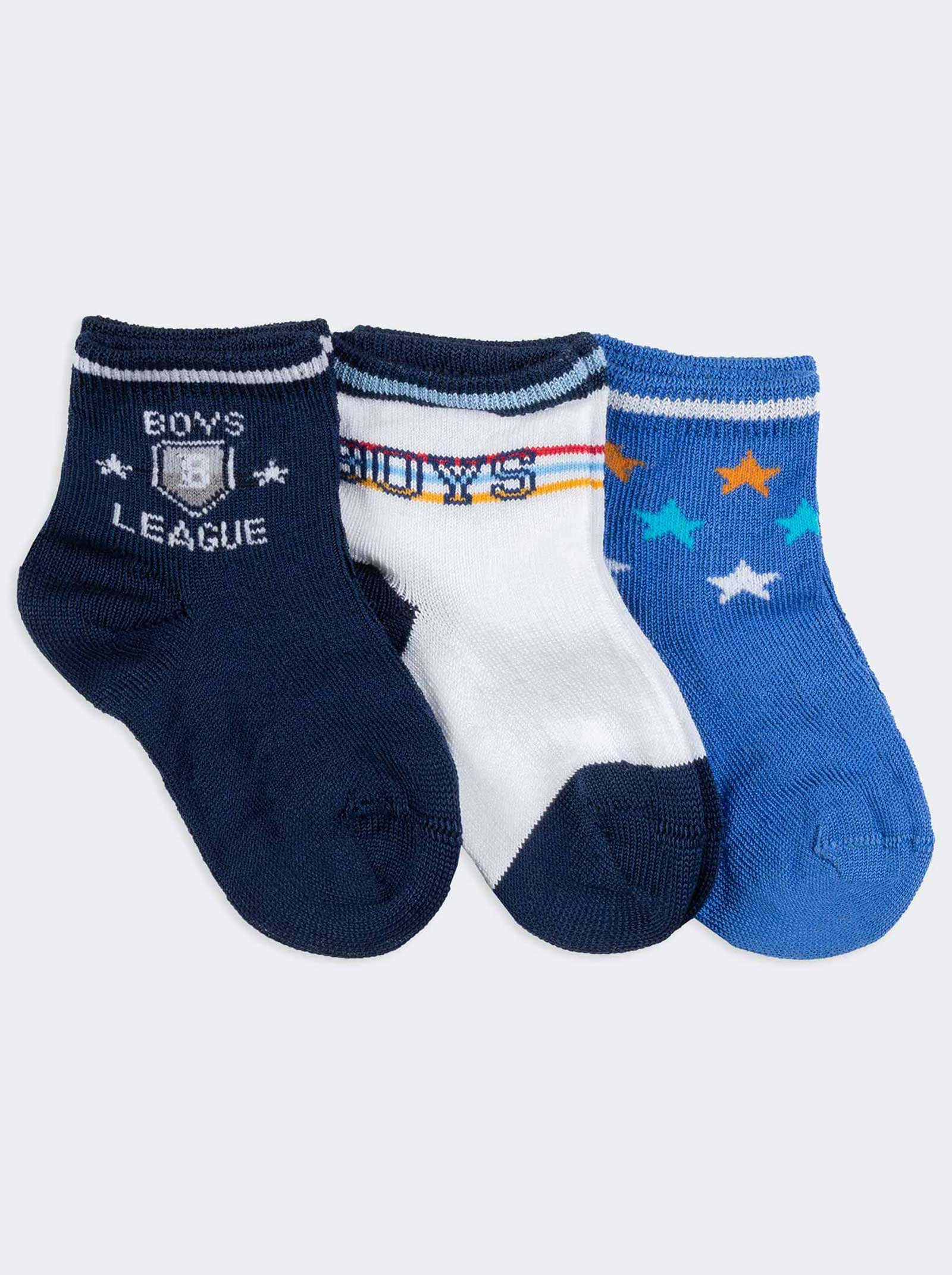 set 3 Paia Calzini Corti Fantasia per Neonato - Design Stelle e Motivi Sportivi - Image 1