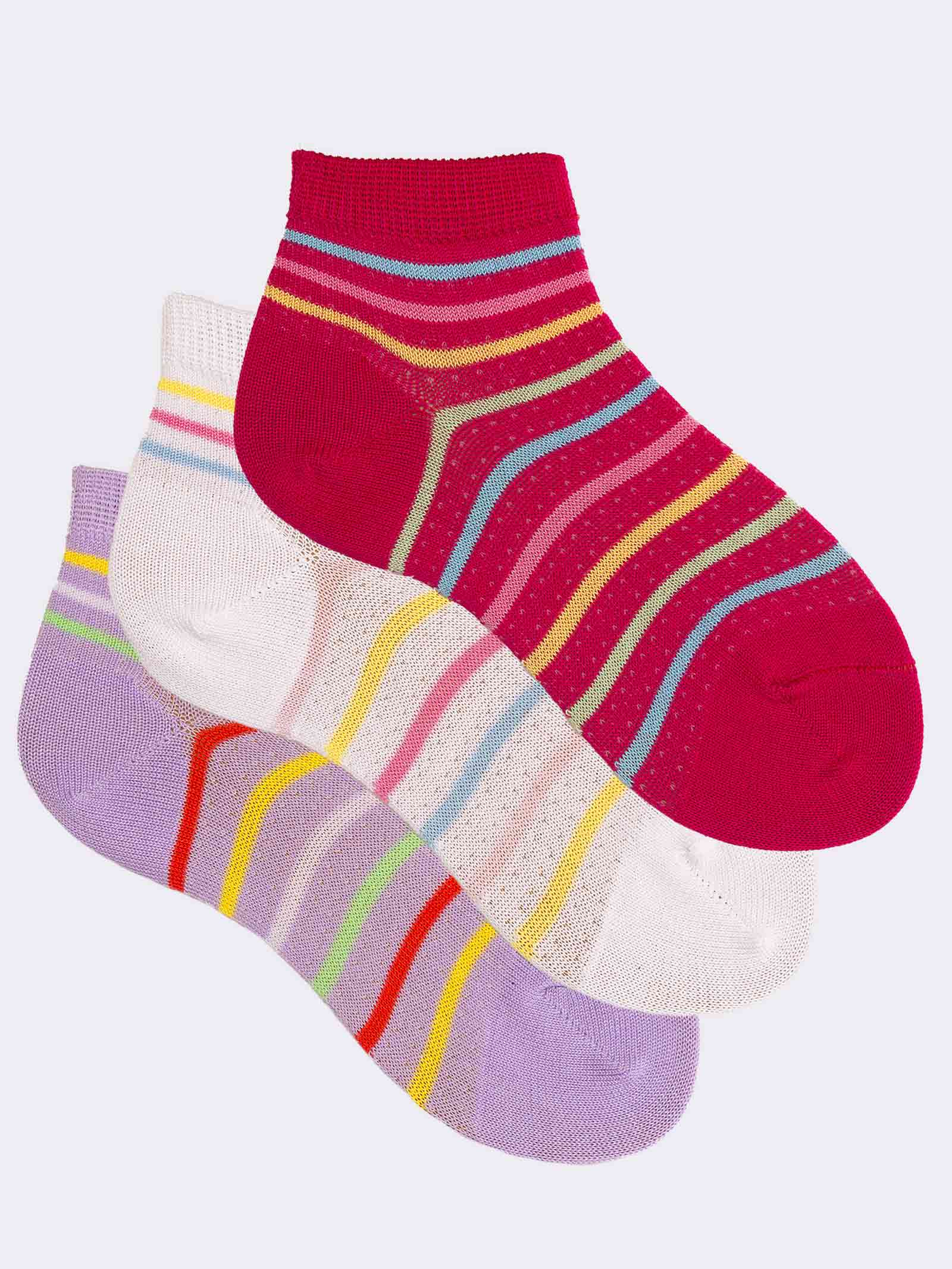 Tris calze corte traforate bambina fantasia a righe in fresco Cotone - Image 1