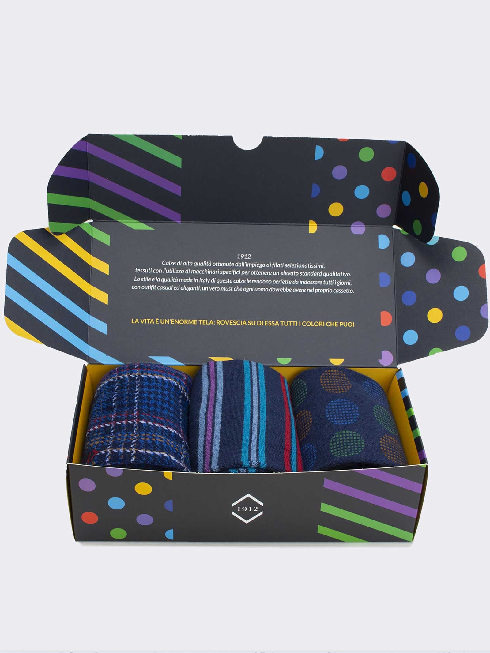 Scatolina Regalo 3 Paia Calze fantasia geometric blue Uomo Idea regalo Made in Italy - Image 2
