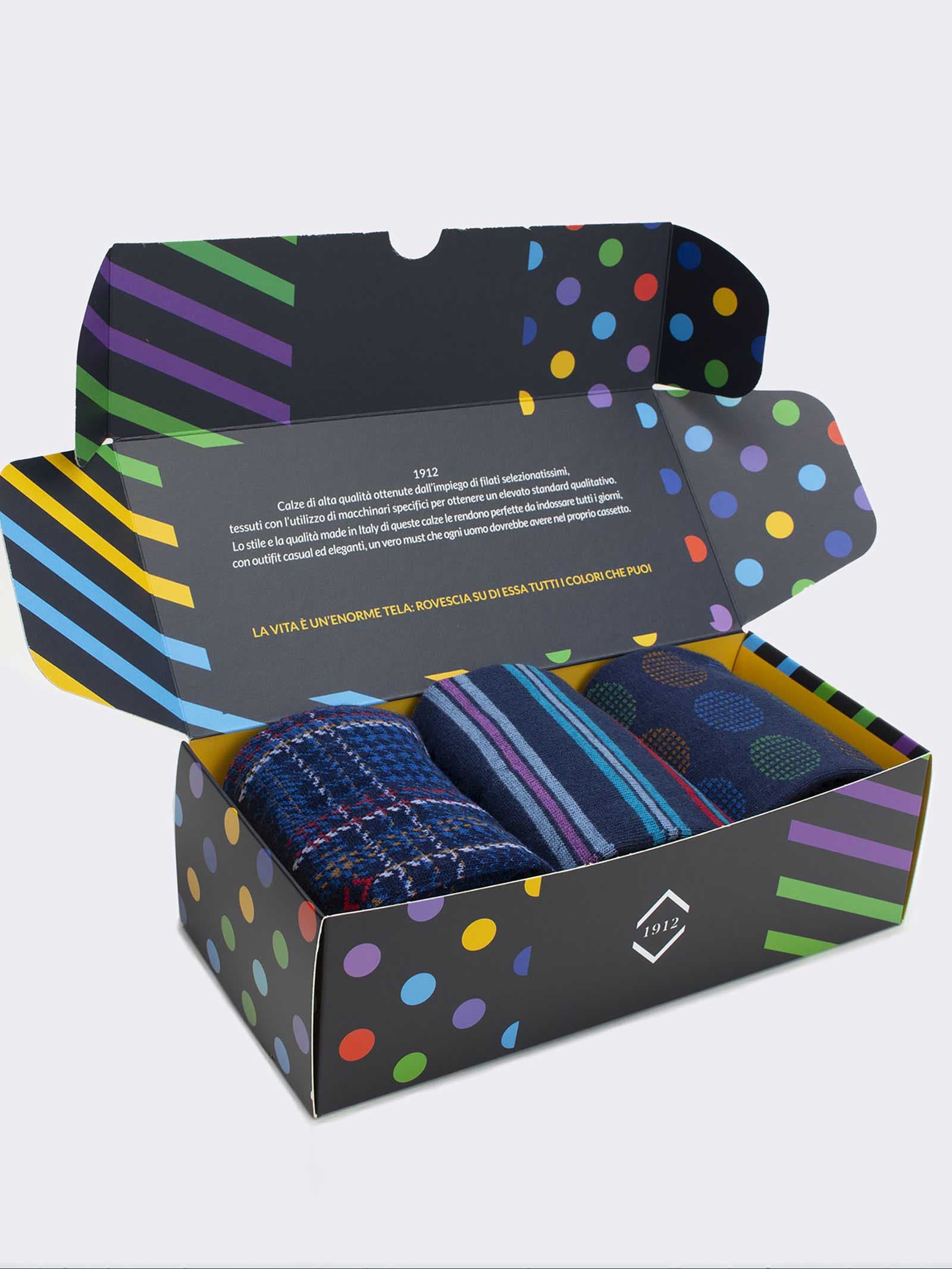 Scatolina Regalo 3 Paia Calze fantasia geometric blue Uomo Idea regalo Made in Italy - Image 3