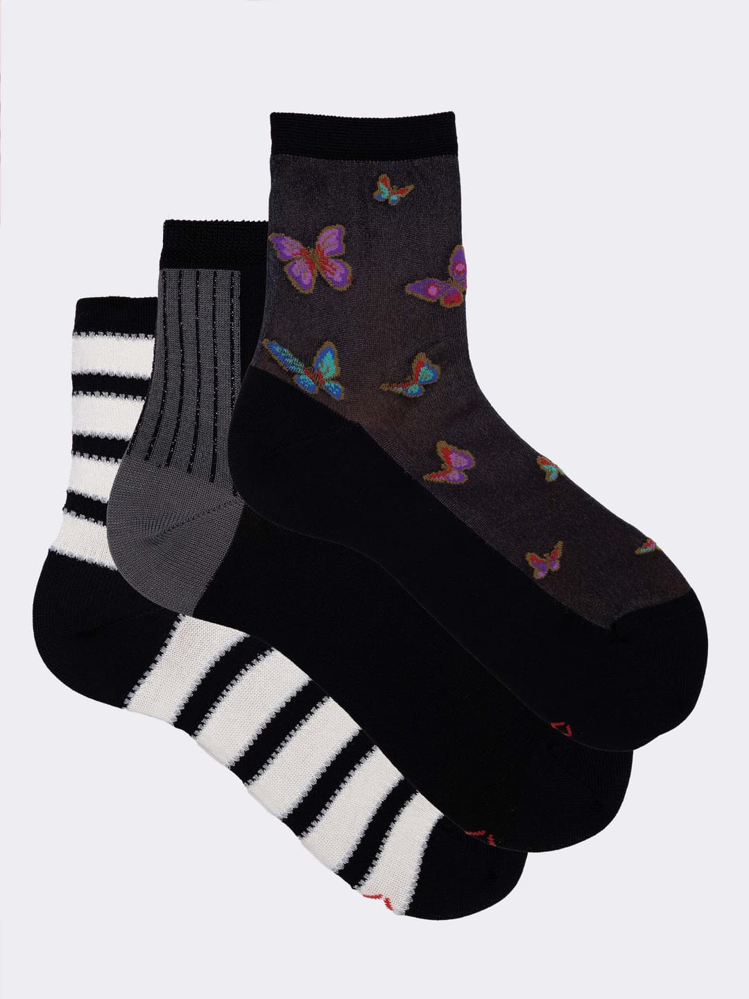 Set regalo 3 paia di Calze fantasia donna Made in Italy in fresco Cotone - Nero