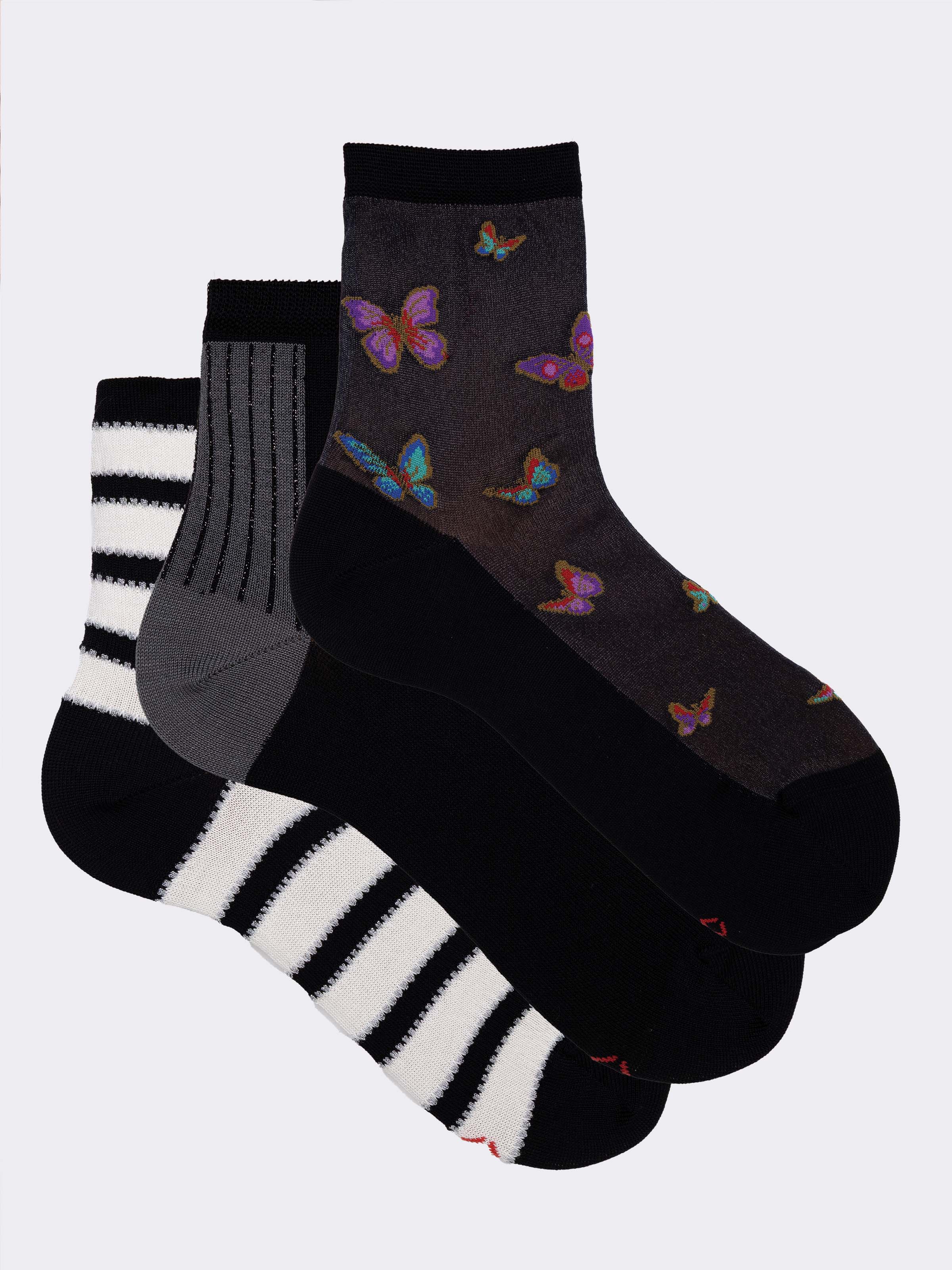 set regalo 3 paia di Calze fantasia donna Made in Italy in fresco Cotone - Nero - Image 1