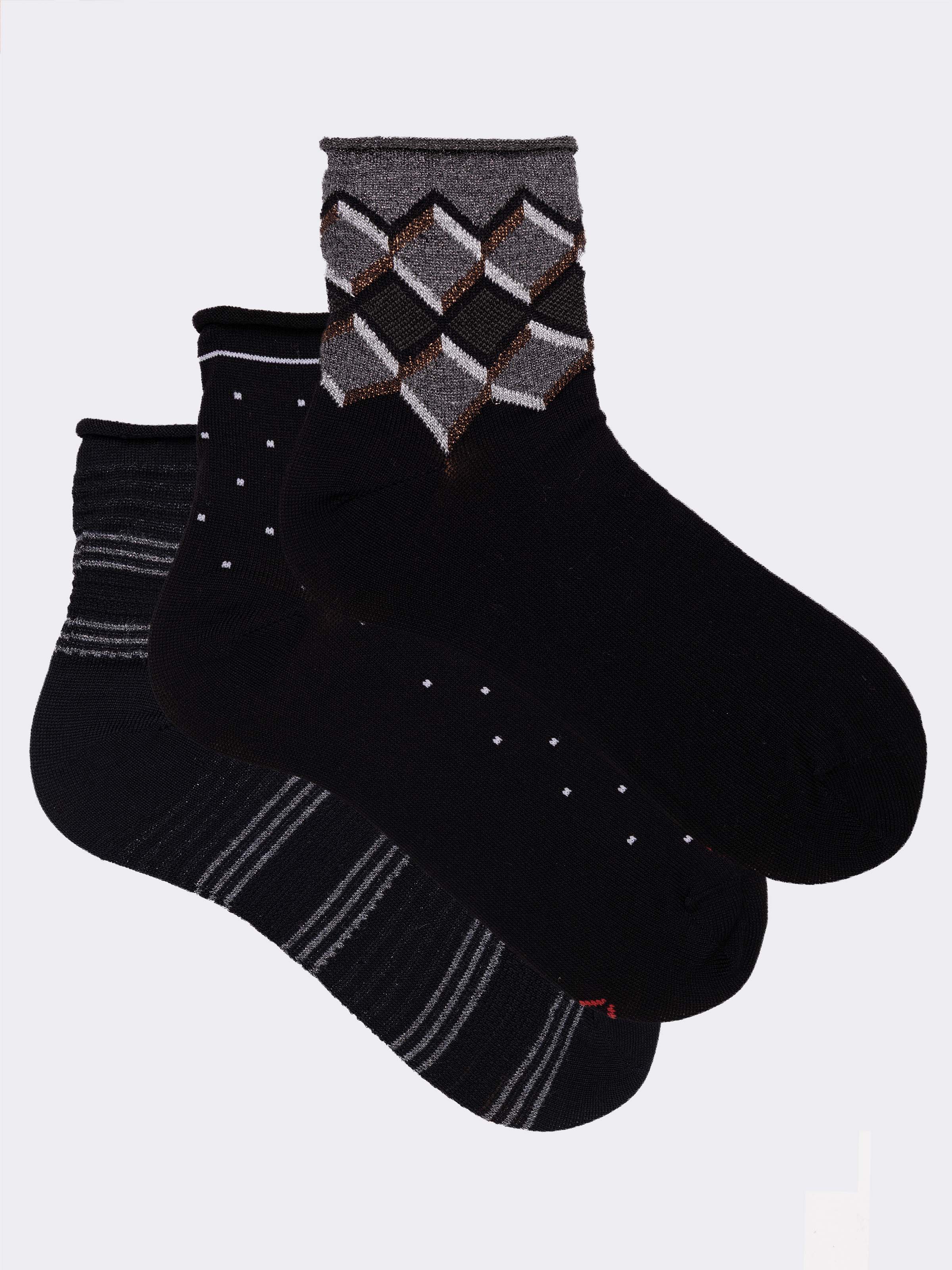 set regalo 3 paia di Calze fantasia donna Made in Italy in fresco Cotone - Nero - Image 1