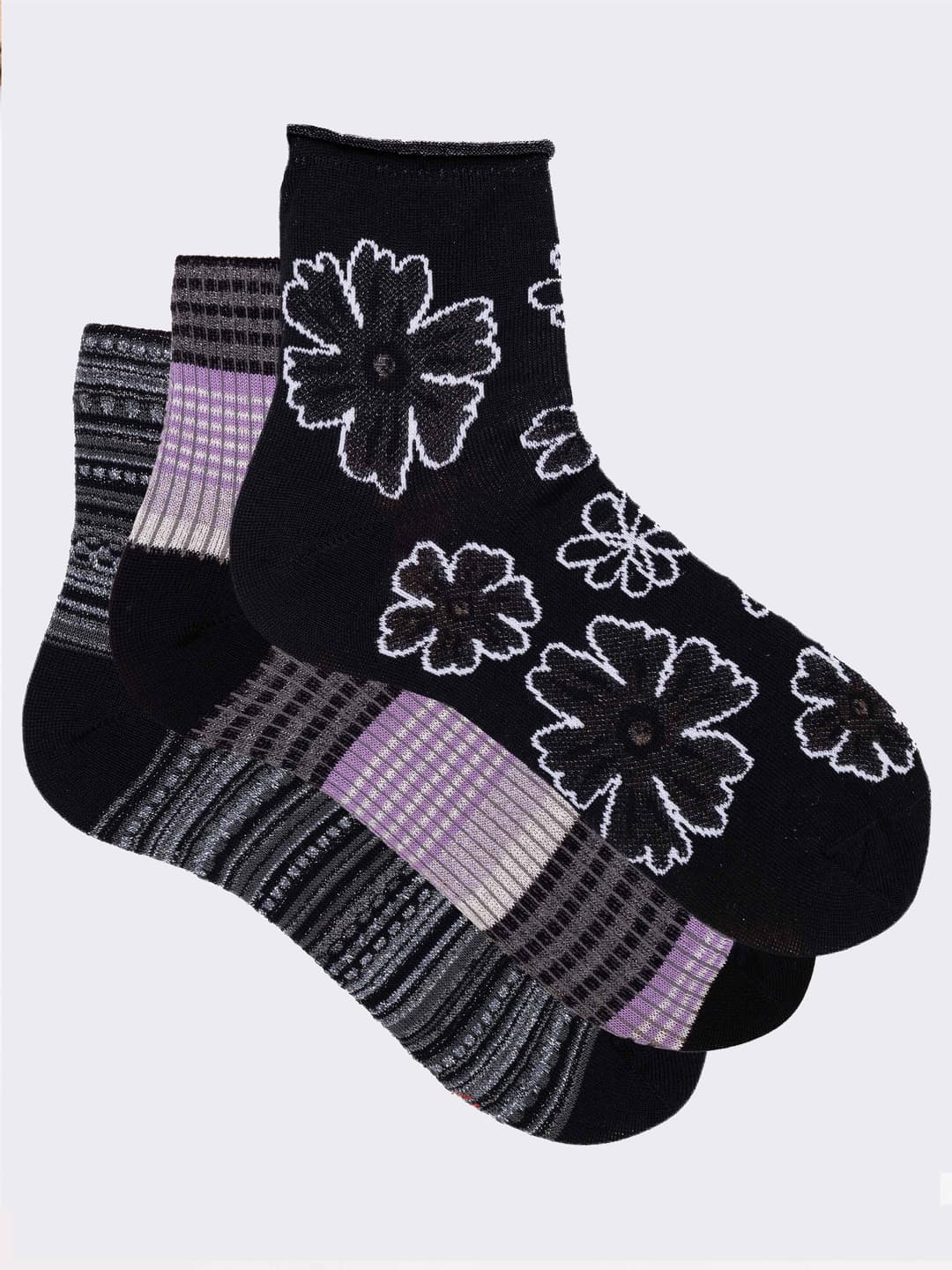 Set regalo 3 paia di Calze fantasia donna Made in Italy in fresco Cotone - Nero