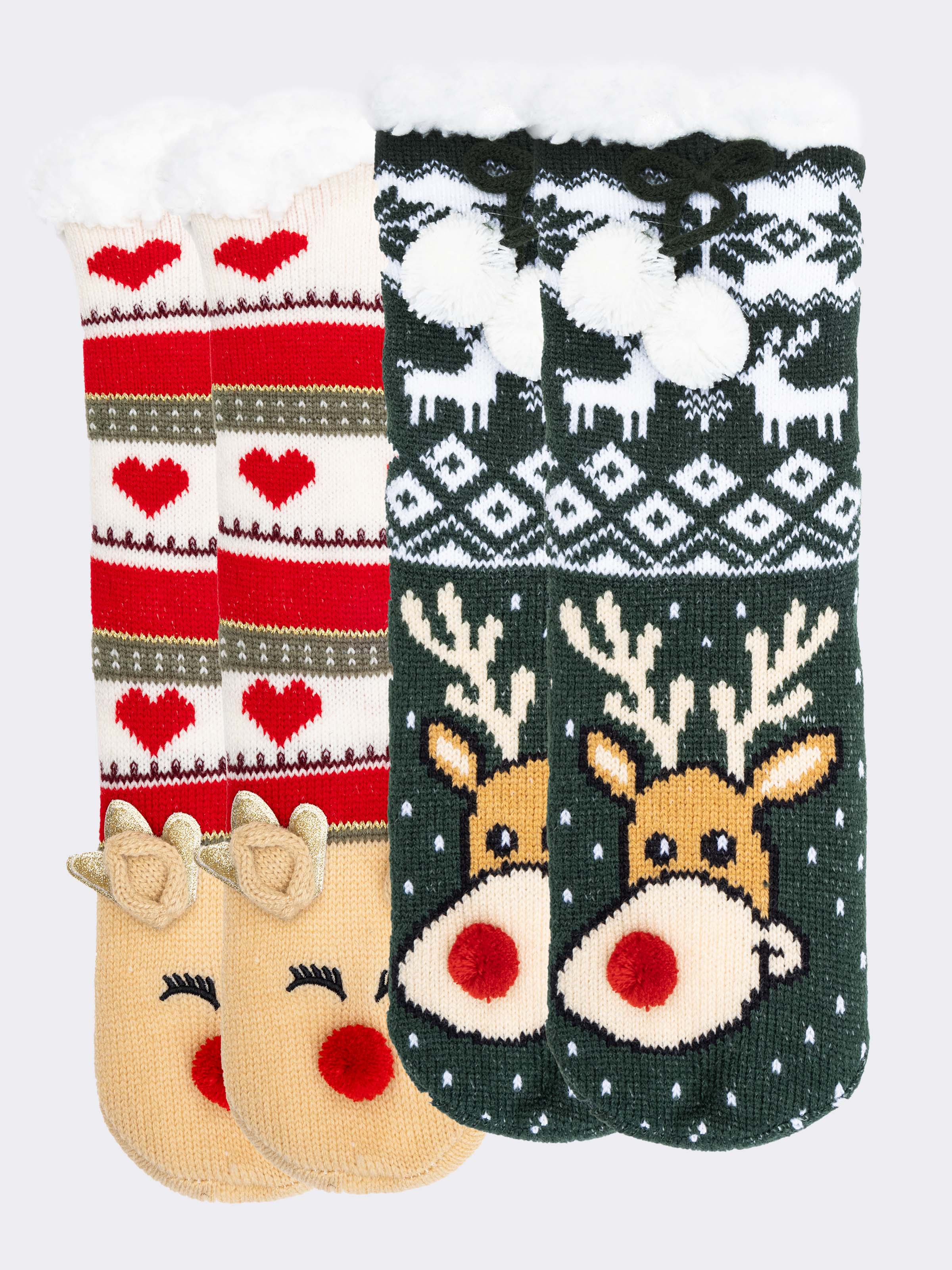Set 2 Paia Calze Natalizie da Casa Bambino con Pelo Interno e Antiscivolo