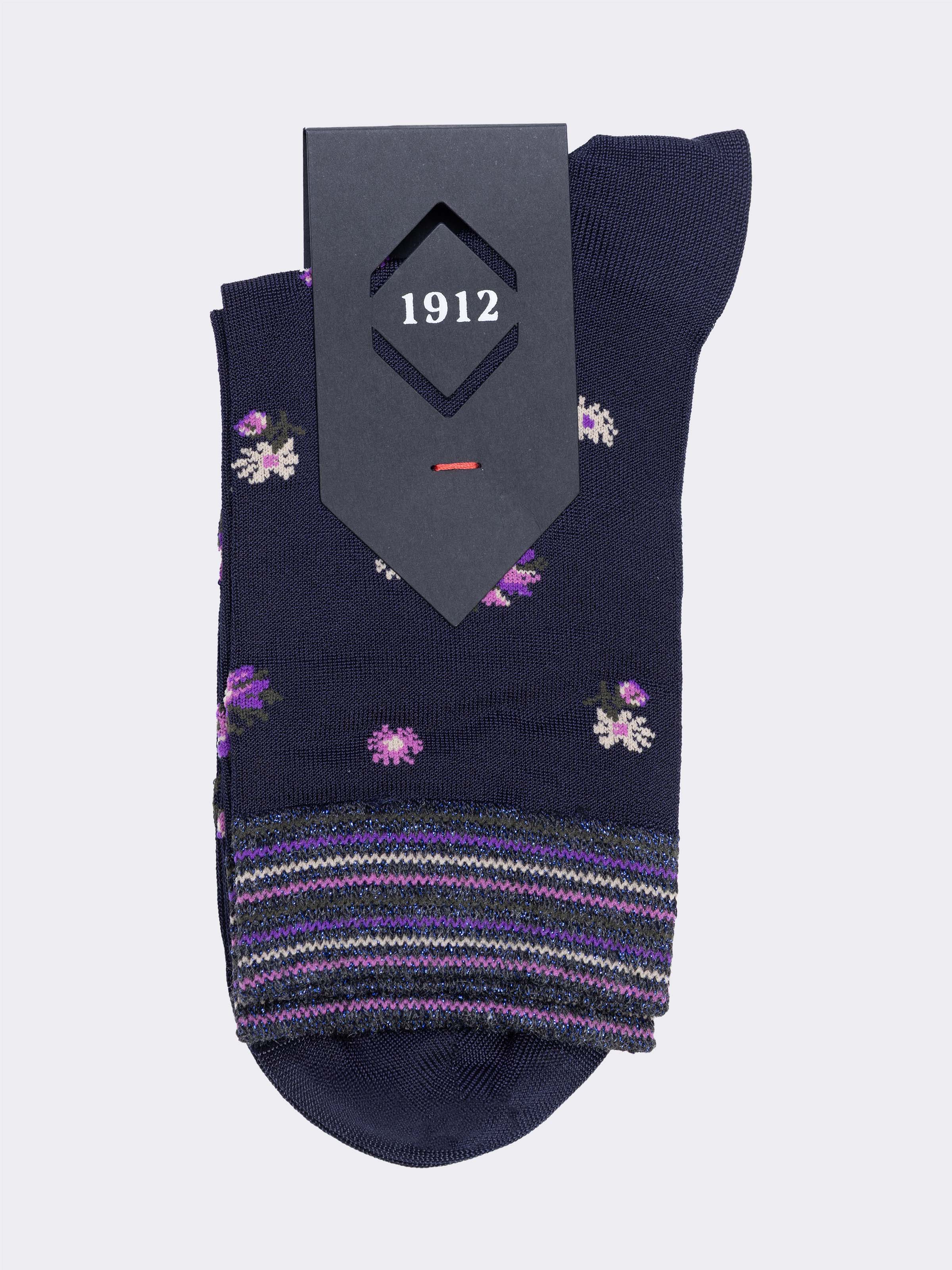 Calze corte donna fantasia a fiori con polsino a righe - Made in Italy