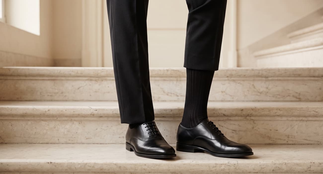 Calze nere a coste con pantalone scuro e stringate nere su una scalinata di marmo