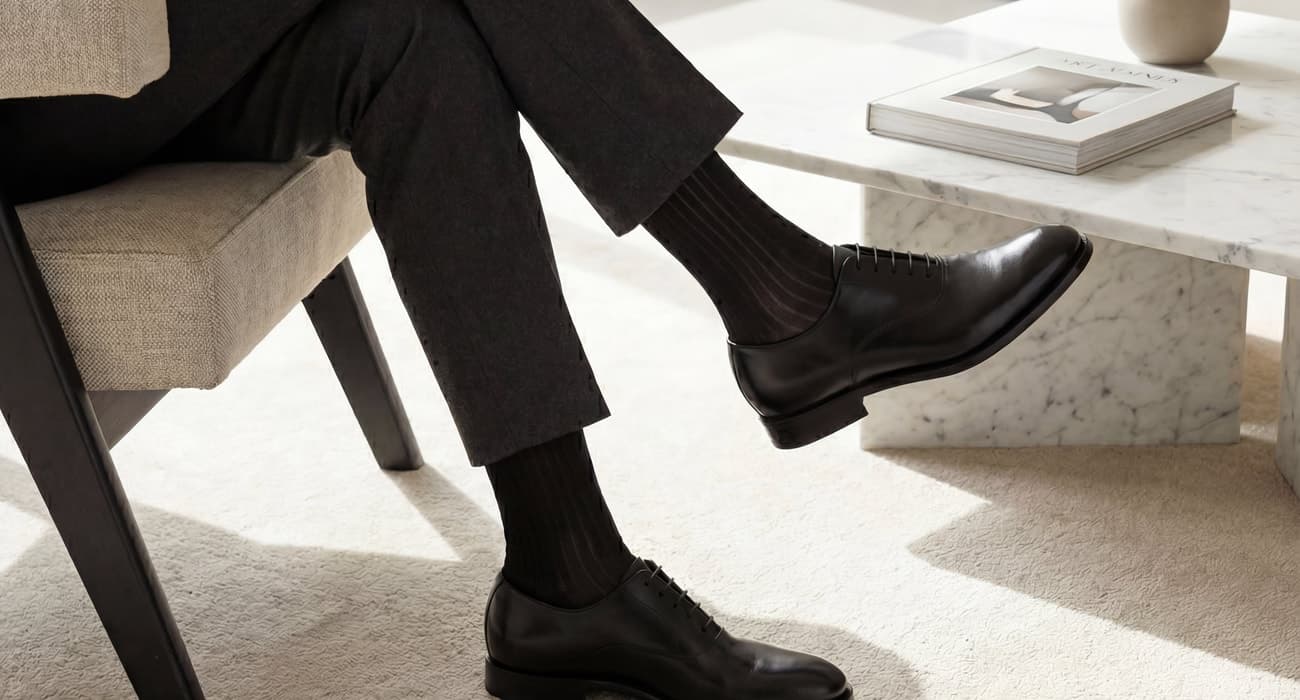 Uomo seduto in abito scuro con stringate nere e calze lunghe a coste