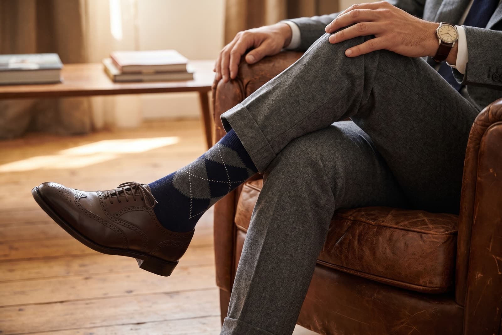 Uomo seduto con pantalone di flanella grigia e calze lunghe a rombi blu navy in misto cashmere sotto il pantalone