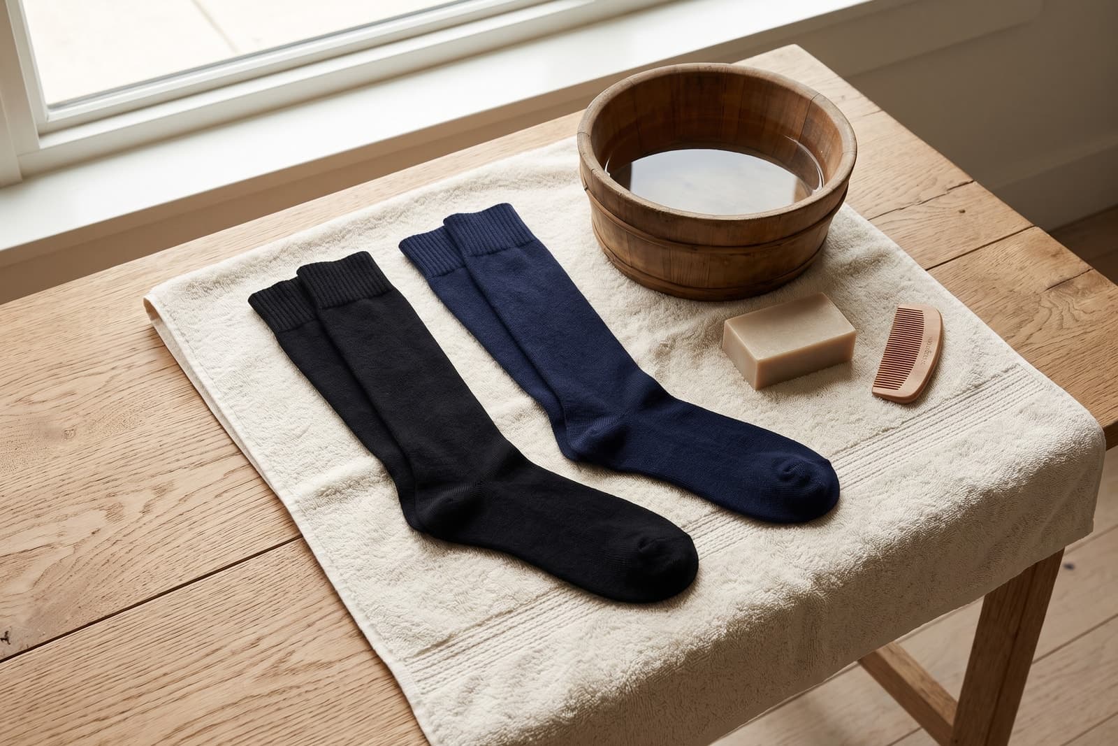 Calze lunghe in misto cashmere nere e blu distese ad asciugare su un asciugamano accanto a una bacinella e a un pettine
