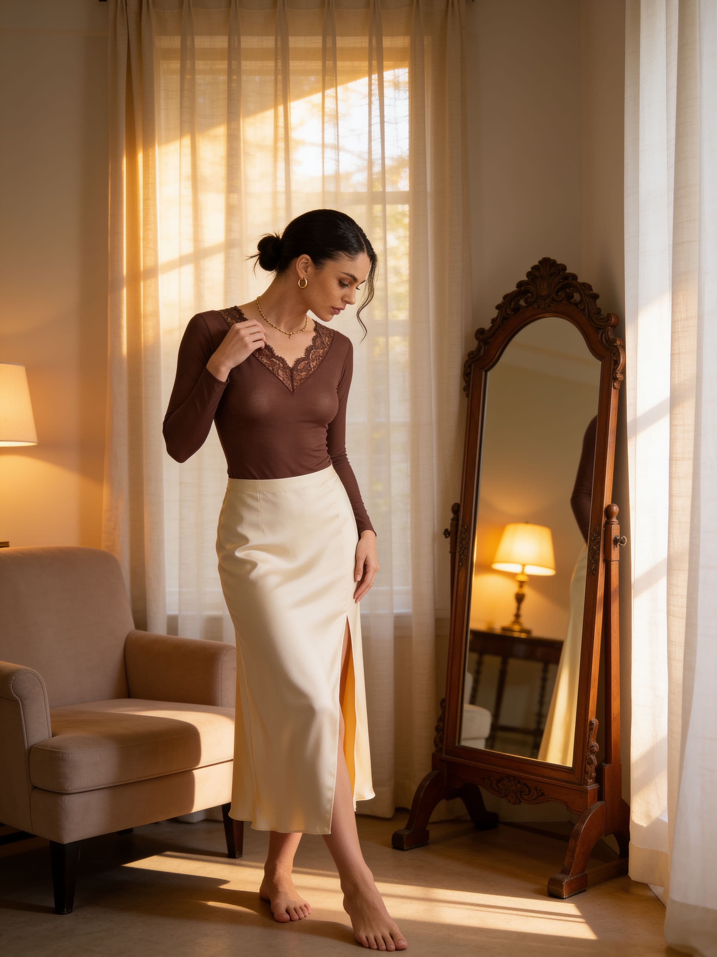 Donna in piedi davanti a uno specchio antico con maglia intima marrone con scollo a V in pizzo e gonna lunga in raso avorio