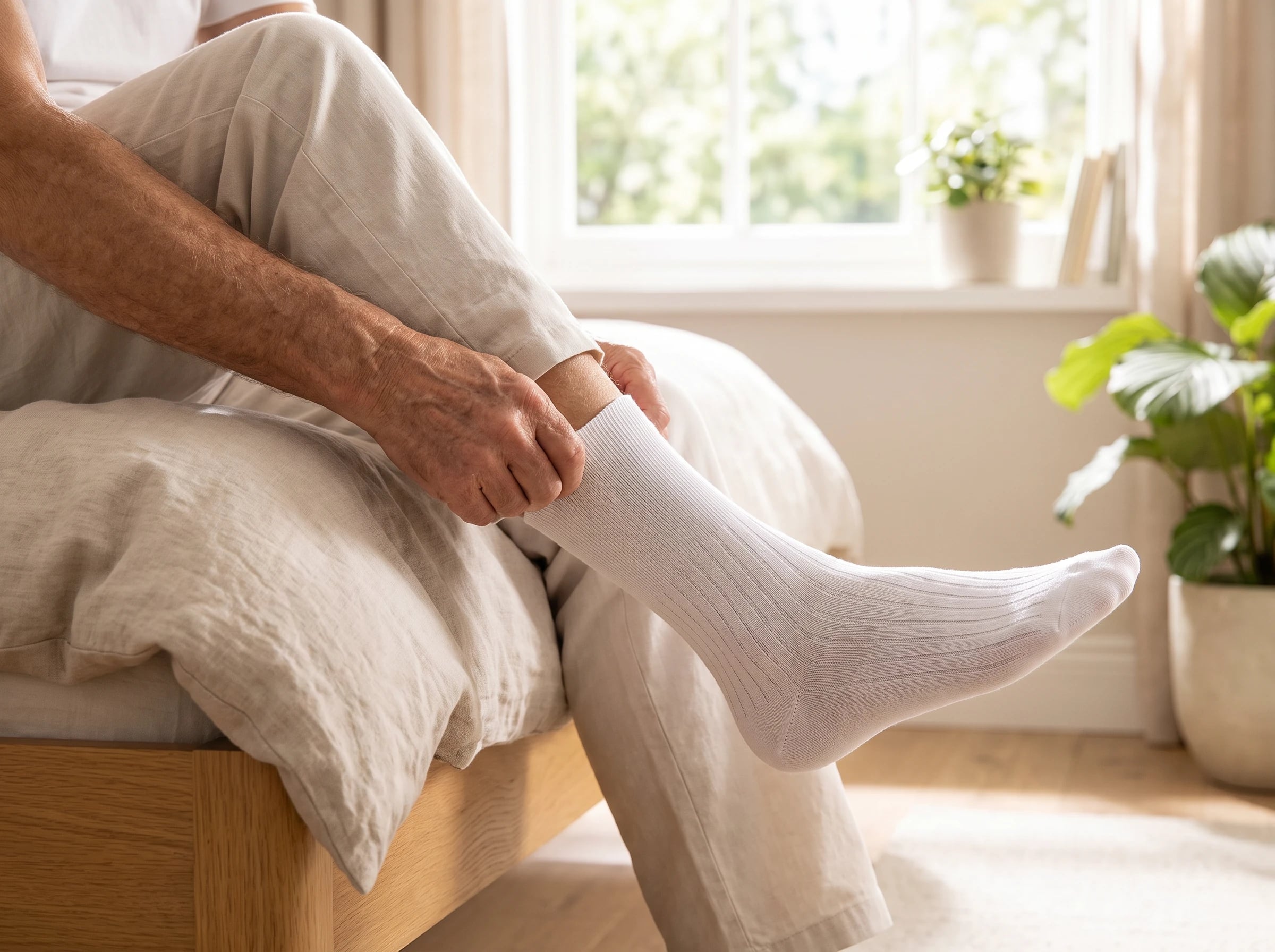 Uomo seduto sul letto che sistema il polsino di una calza sanitaria bianca a coste