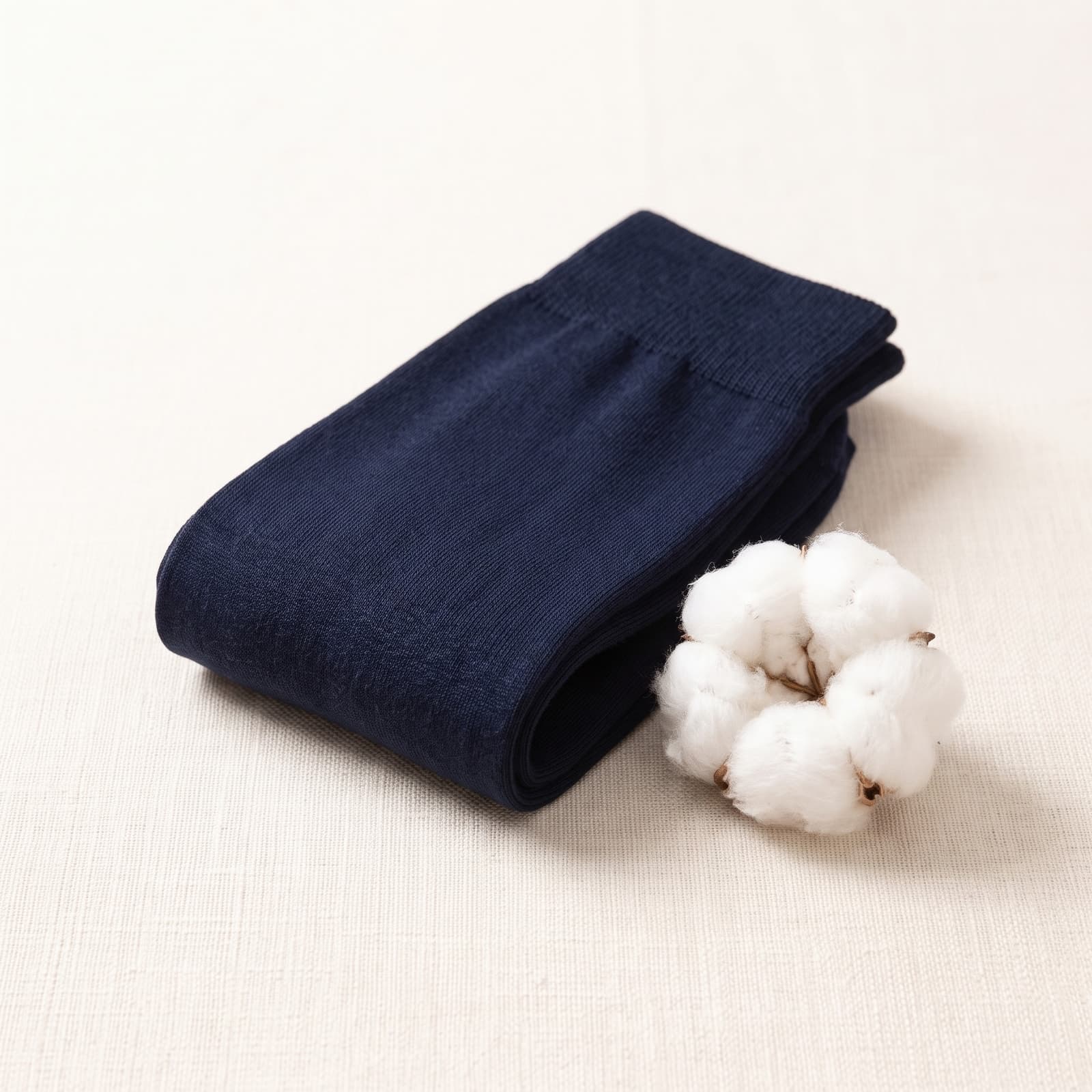Calze lunghe blu navy in Filo di Scozia ripiegate accanto a un batuffolo di cotone