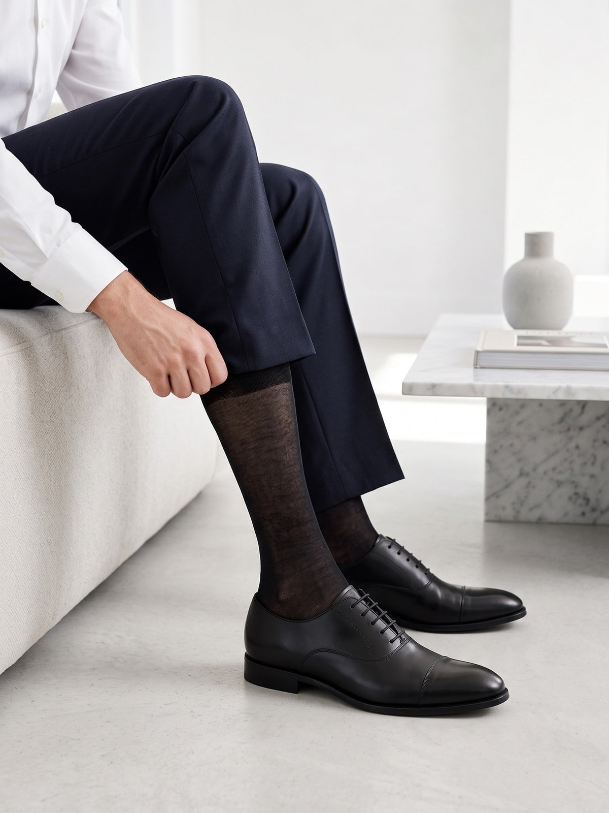 Uomo elegante in abito scuro seduto con calze sottili e scarpe Oxford nere