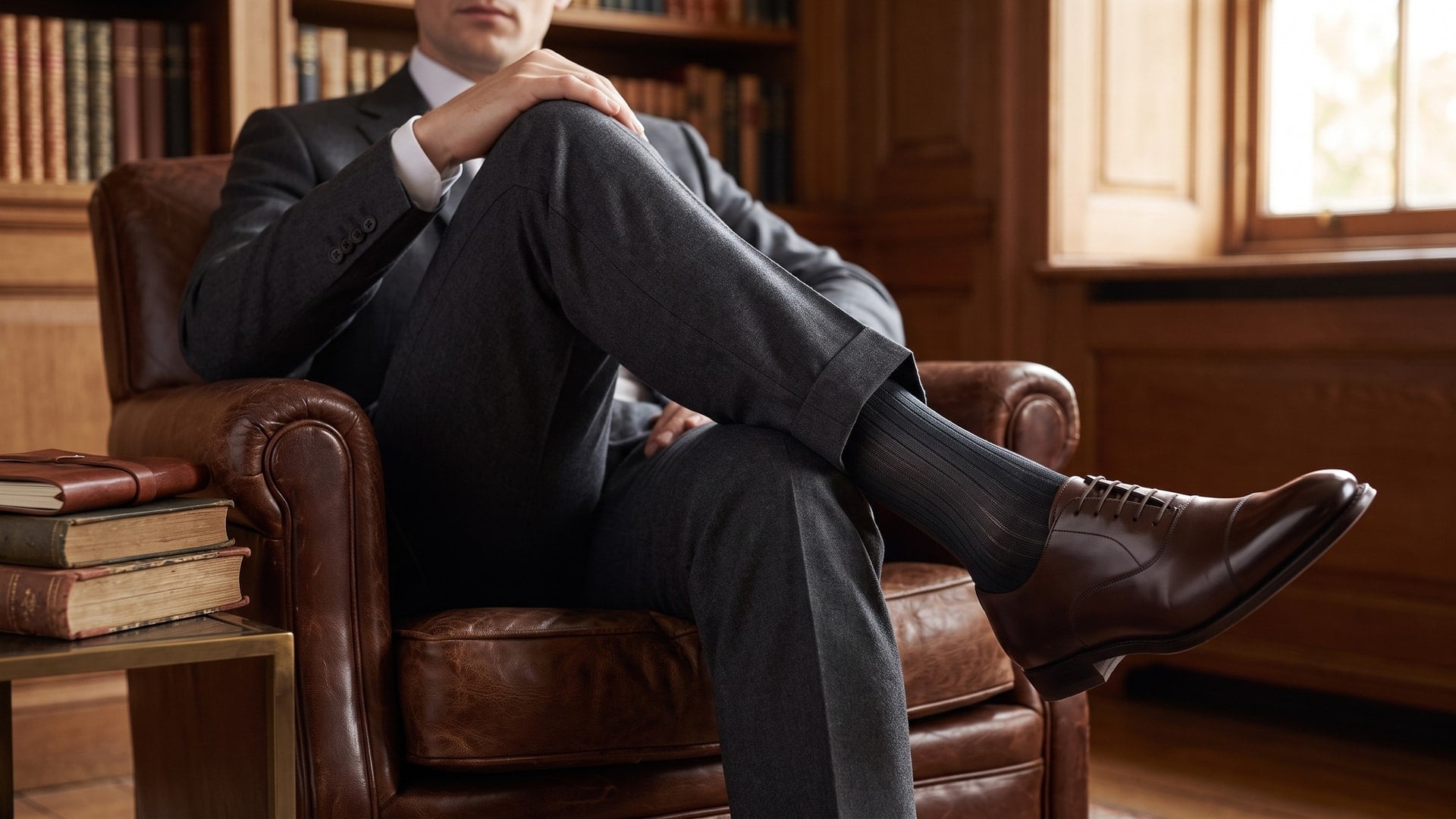 Uomo elegante seduto in poltrona con calze lunghe sottili e scarpe classiche
