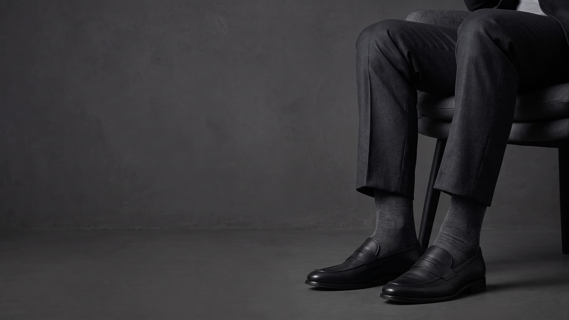 Uomo seduto con pantaloni scuri, calze lunghe antracite e mocassini neri