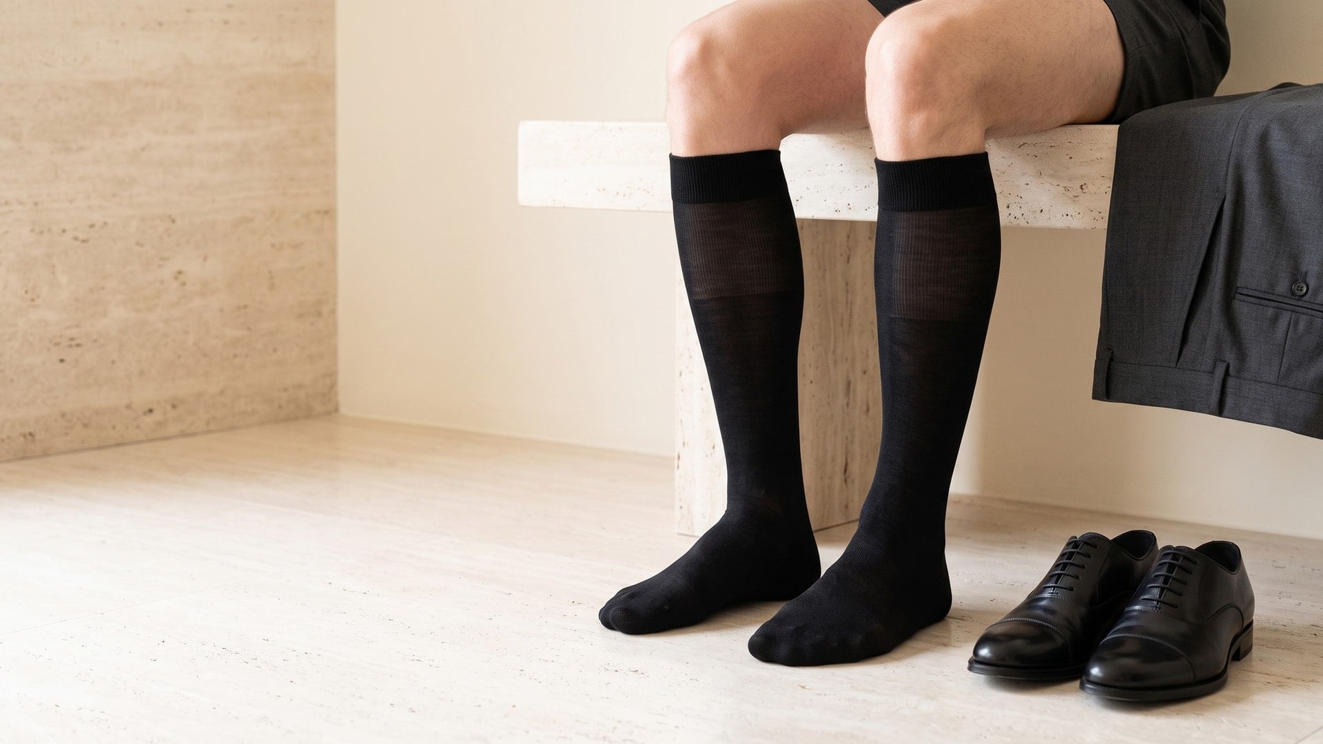 Uomo seduto su una panca in pietra chiara: indossa la calza lunga nera in lana e seta, visibile per intero, con scarpe stringate nere accanto e il pantalone antracite piegato sulla panca