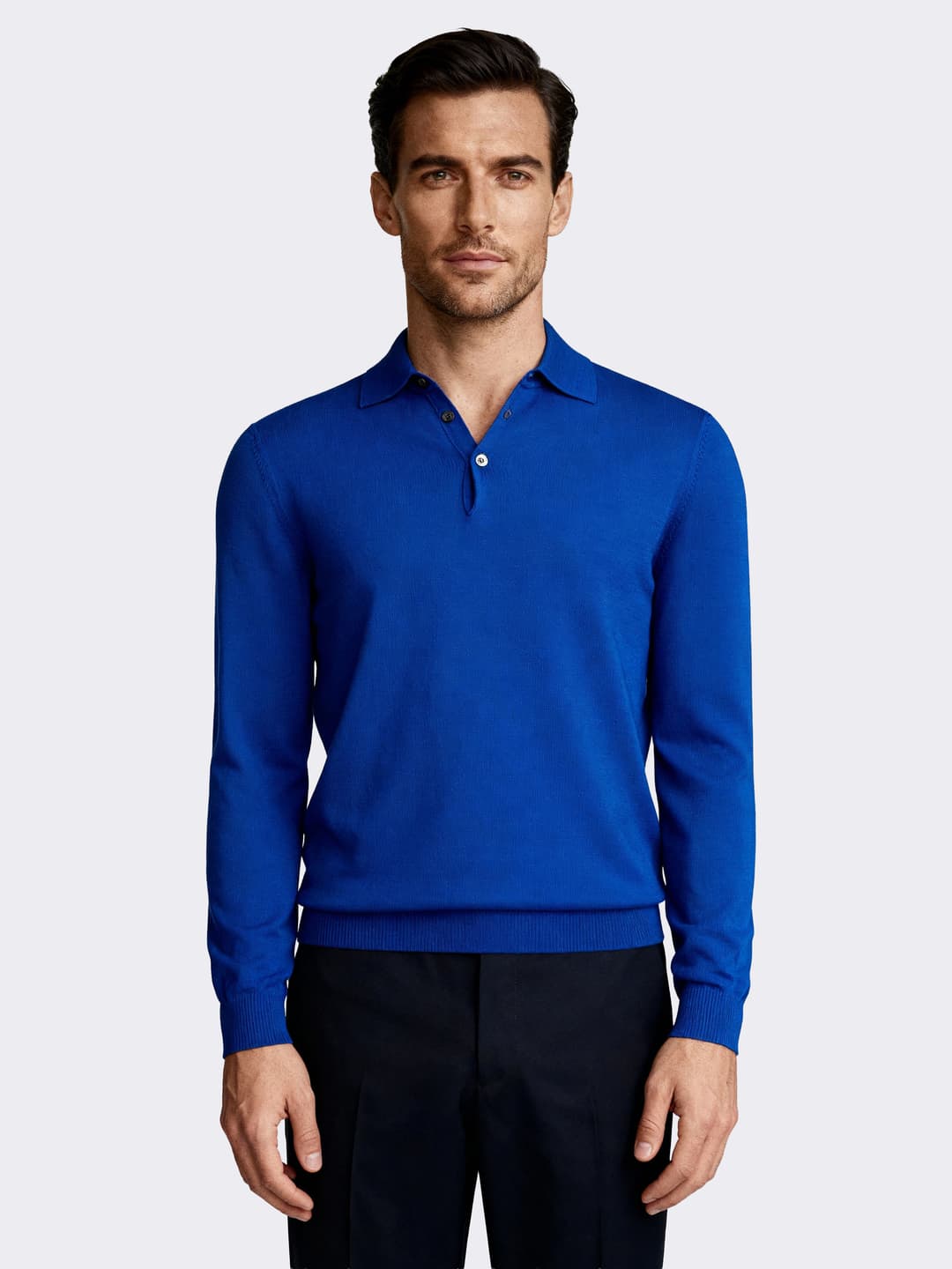 Polo a tre bottoni manica lunga tinta unita in 100% Lana Merino